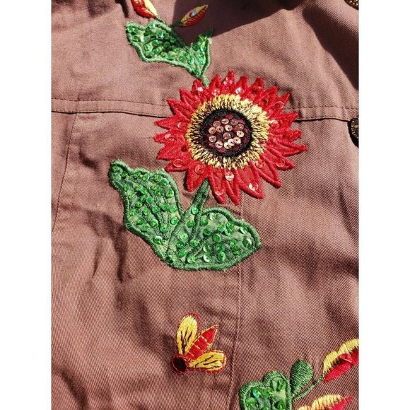 Vintage Jacket Embroidered Embellished Applique Sunflowers Floral Medium Brown - Picture 5 of 6